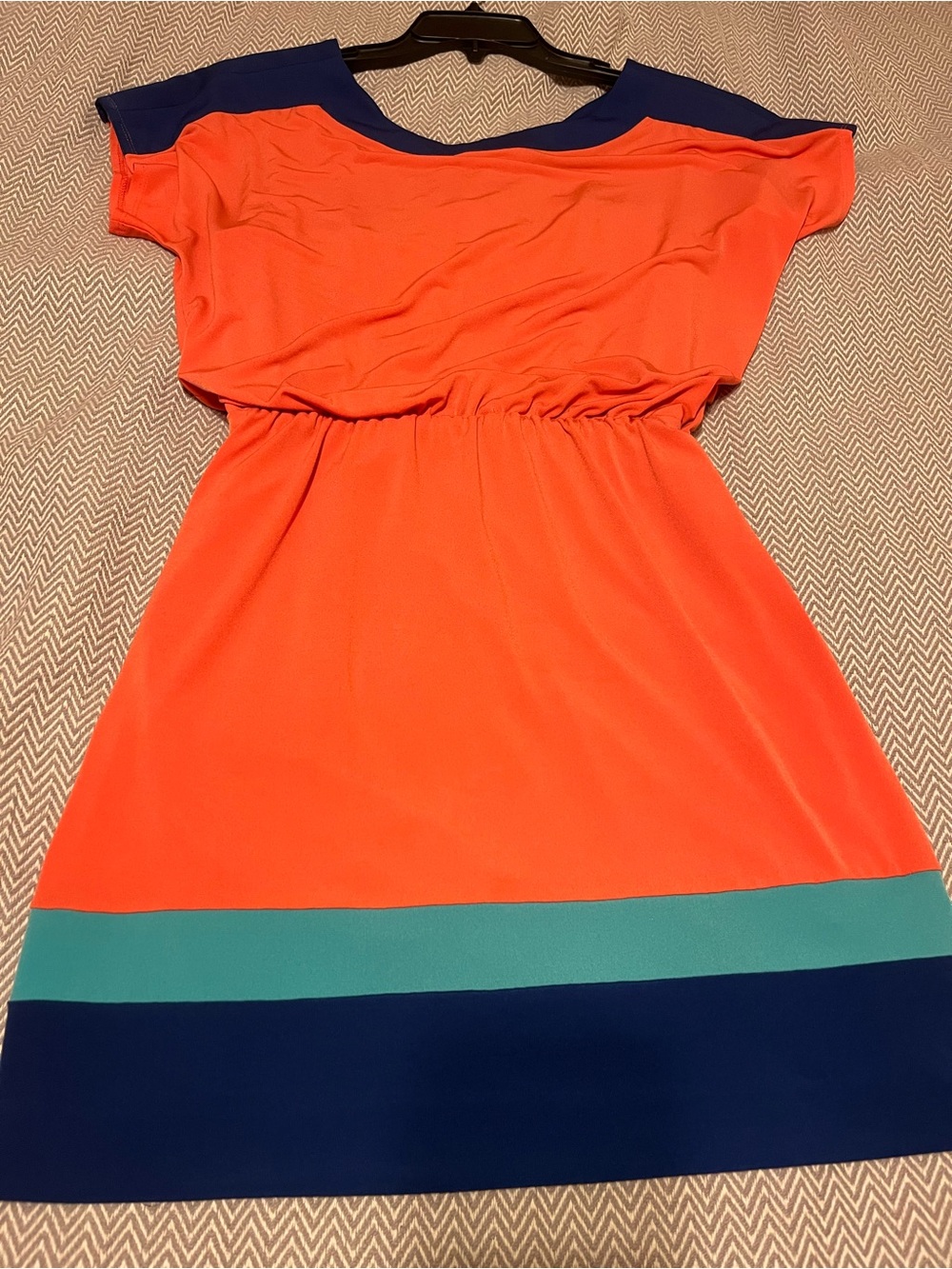 Trina Turk Orange Dress with Navy and Teal Bands. V Back Design. Stretch Waist.